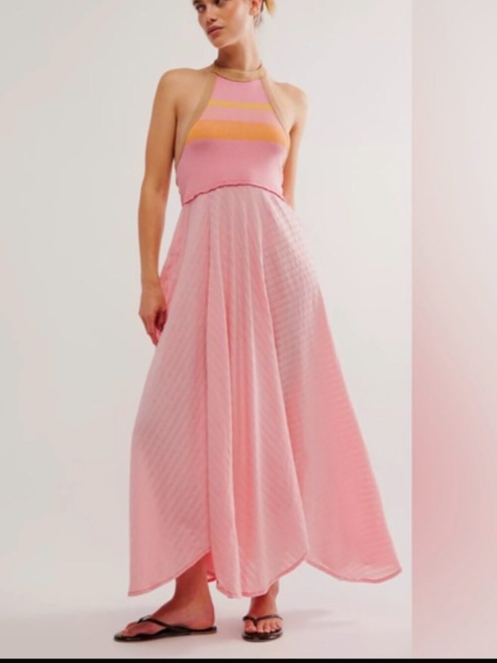 Free People Surf’s Up Maxi Dress Pink Halter Boho Handkerchief Hem Sundress S